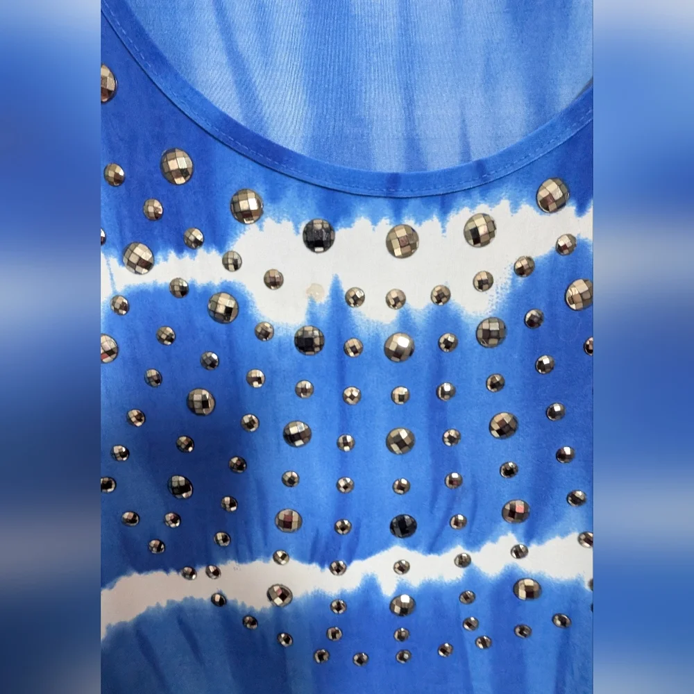 Blue Tie-Dye Sleeveless Dress with Stud Accents - Picture 6 of 7